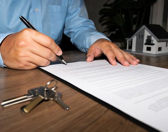 Firma de un contrato de compraventa con las llaves sobre la mesa
