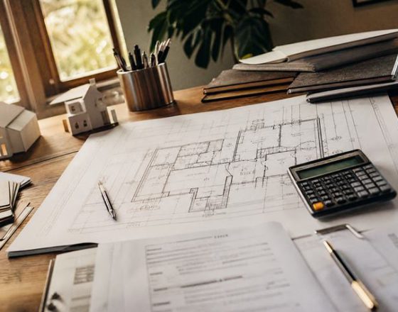 Calculadora, planos y documentos sobre un escritorio